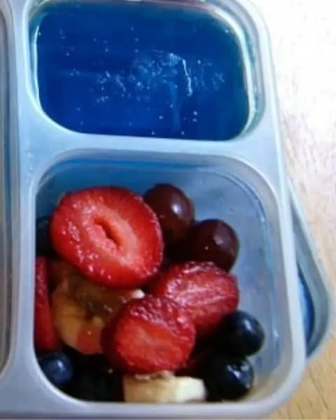 Rainbow themed school lunch, including blue jello and colorful fruit.