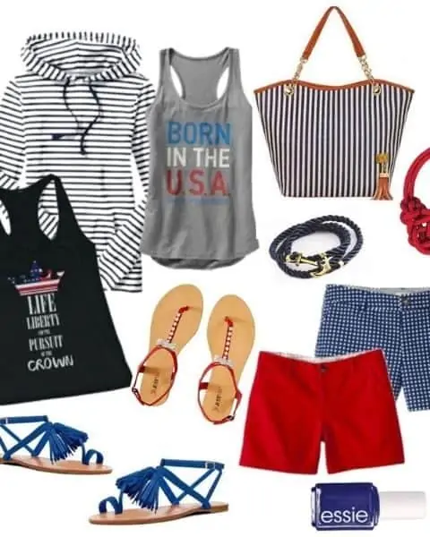 Red, white, and blue American themed frugal fashion finds.
