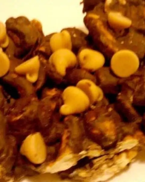 A close up of rocky road peanut butter bars.