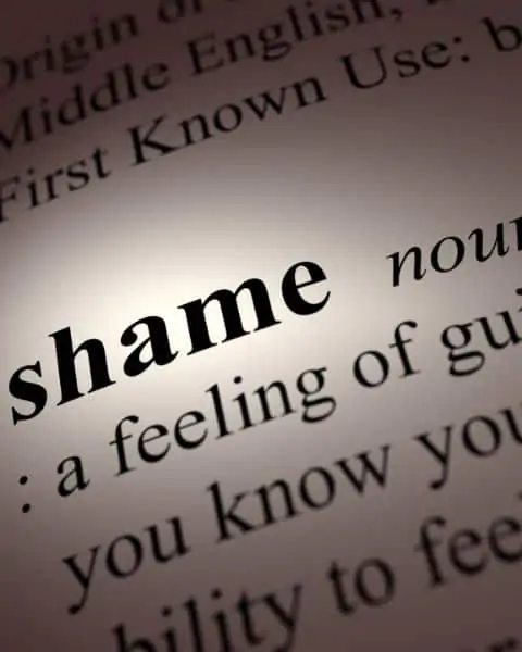 A dictionary opened to the word "shame."