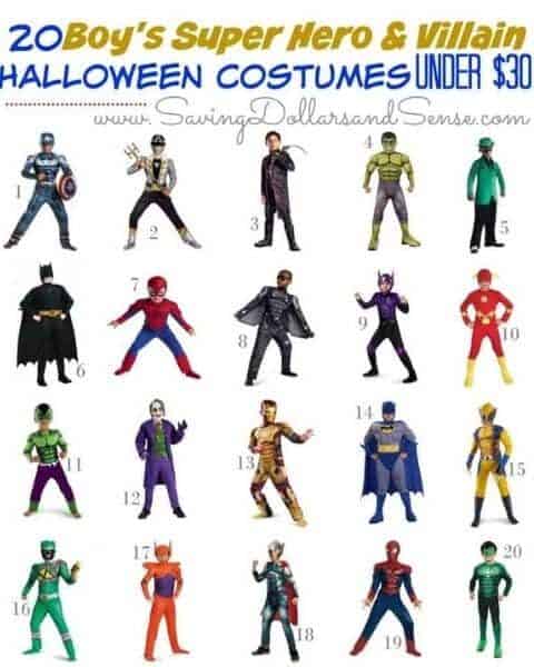 Boys superhero and villain Halloween costumes.