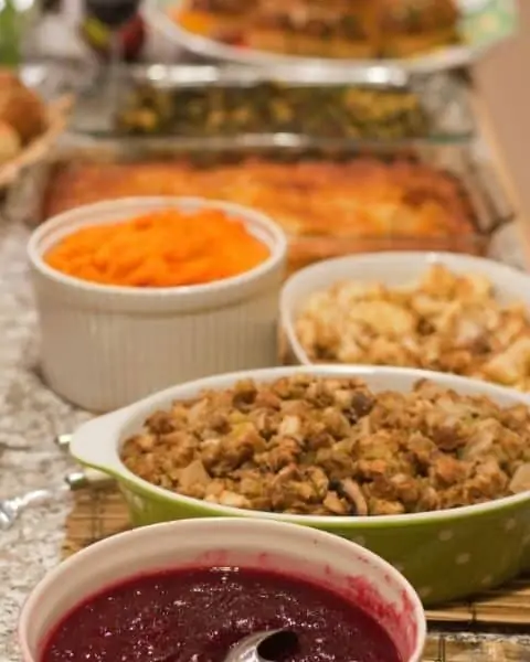 Thanksgiving dinner side dishes on the table.