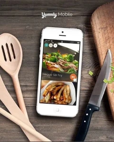 A smart phone open to the Yummly app for recipes.