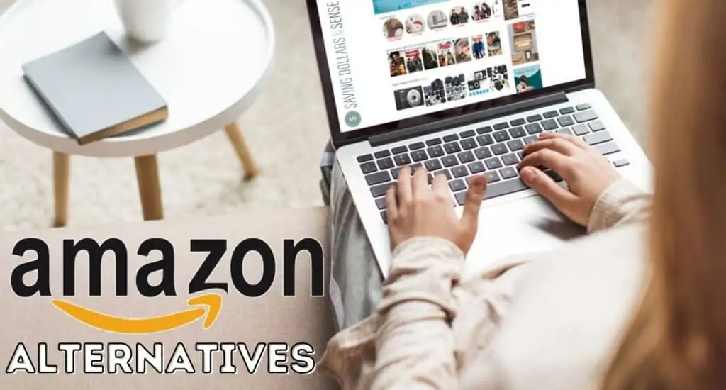 A person sitting on a couch while shopping on their laptop with the words Amazon Alternatives. 