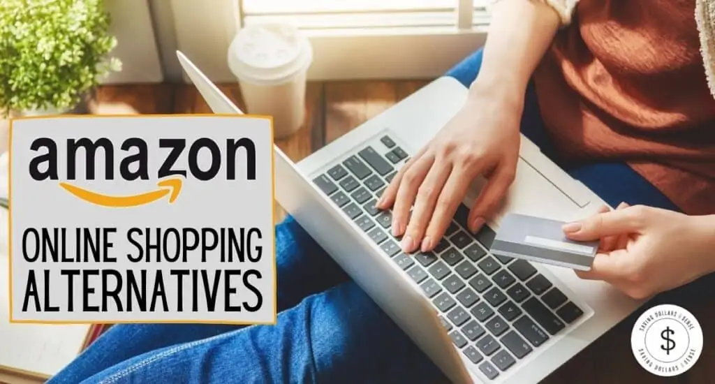 Person using a laptop to shop online while holding a credit card. The words Amazon Online Shopping Alternatives.