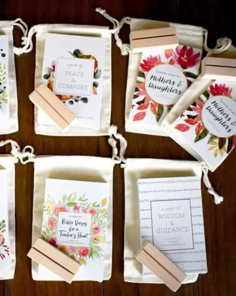 An assortment of Bible verses on cards with stands.
