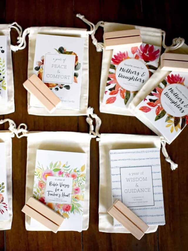 An assortment of Bible verses on cards with stands.