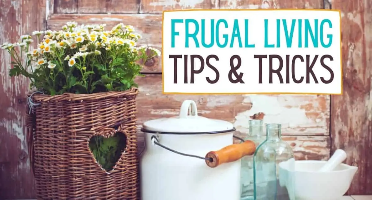 Photo of a basket filled with flowers, a white caniter and a couple glass bottles sitting on a countertop with the words Frugal Living Tips & Tricks