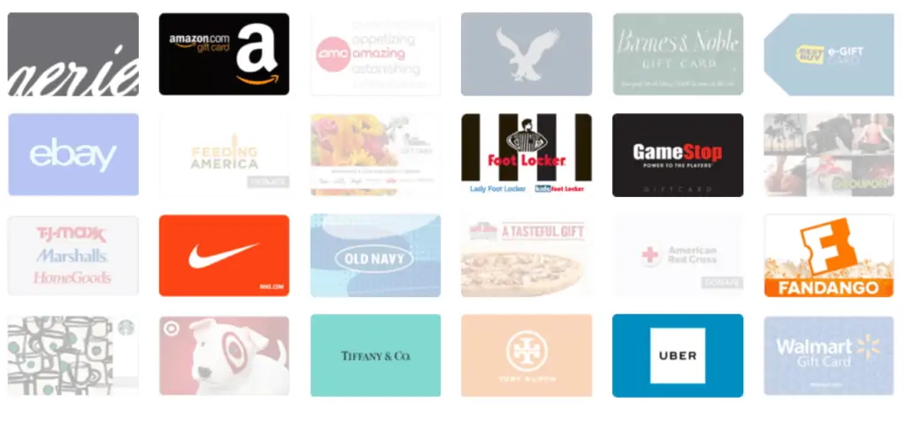 Several store gift cards including Aerie, Amazon, AMC, American Eagle, Barns & Noble, Best Buy, GameStop, Foot Locker, ebay, Nike, Target and more. 