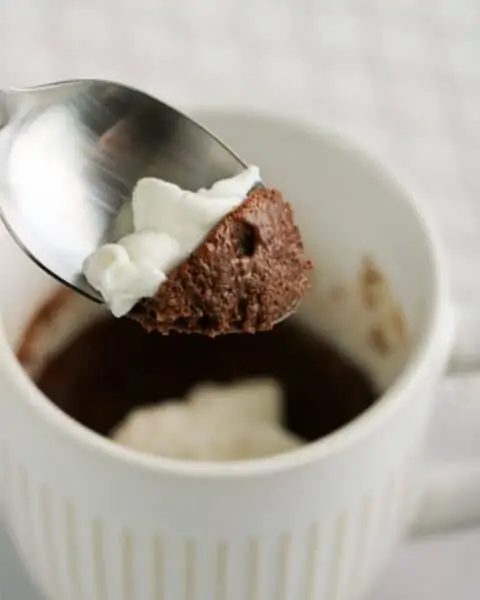 A small spoonful of a keto chocolate cake in a mug.