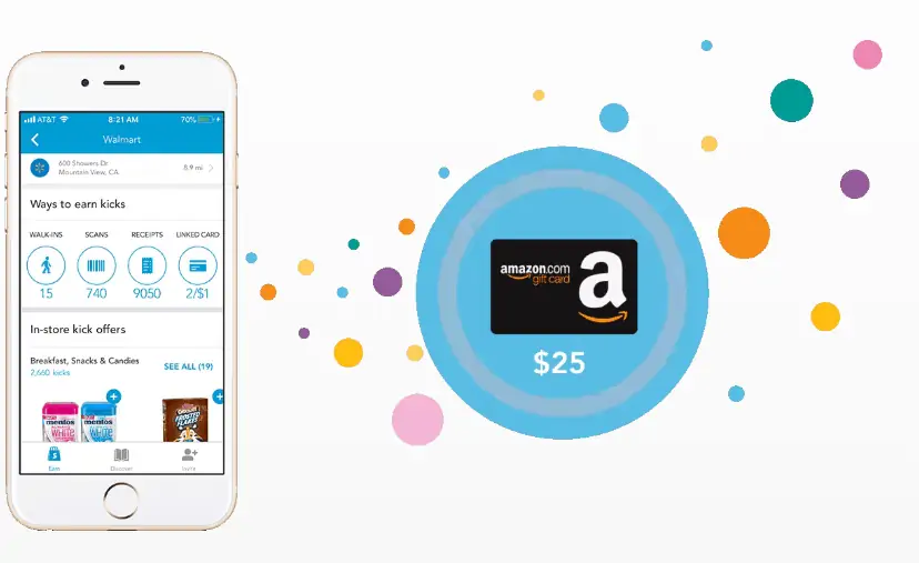 A cell phone with the Shopkick app showing on it next to a $25 Amazon Gift Card.
