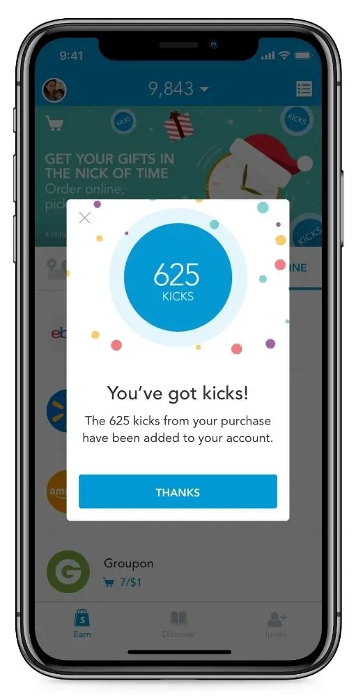Cell phone showing the Shopkick app and a message that reads 625 kick, You've got kicks! The 625 kicks from your purchase have been added to your account. Thanks