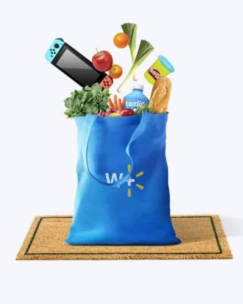 Blue Walmart canvas bag full of groceries and electronics for Walmart Plus members.