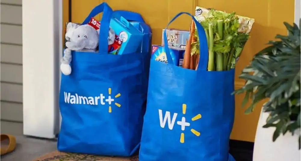 Two blue Walmart+ Bags filled with items sitting on a porch.