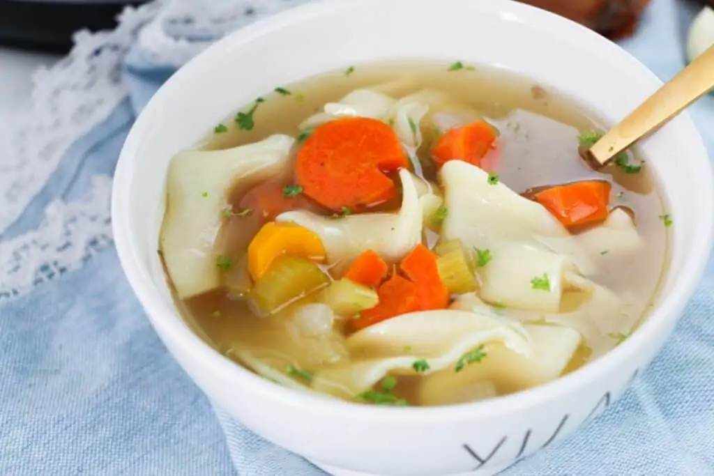 a bowlful of homemade chicken noodle soup.