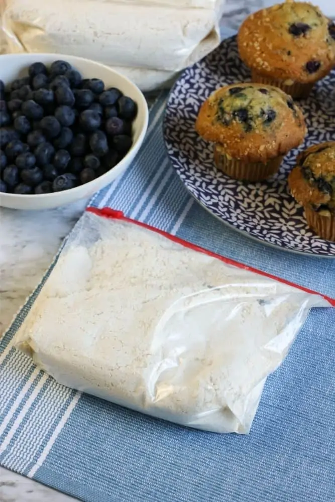 muffin mix in a ziplock bag sitting on a table with a bowl of blueberries and a plateful of blueberry muffins.