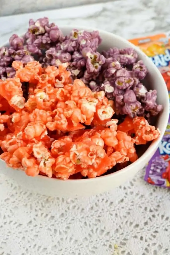 A bowl of colored popcorn. 