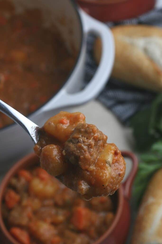 A closeup picture of a spoonful of beef stew.