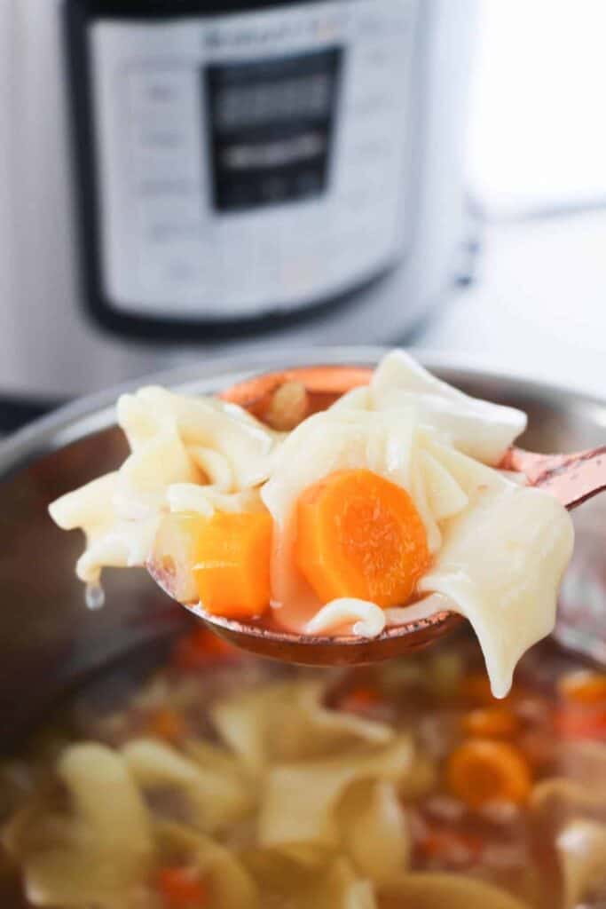 a spoonful of chicken noodle soup along with a bowl of soup sitting in front of an Instant Pot