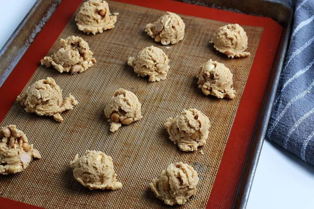 Scoops of peanut butter cookie dough balls.