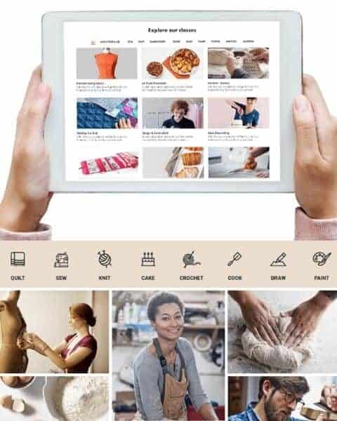 A woman holding a tablet with different crafting ideas.