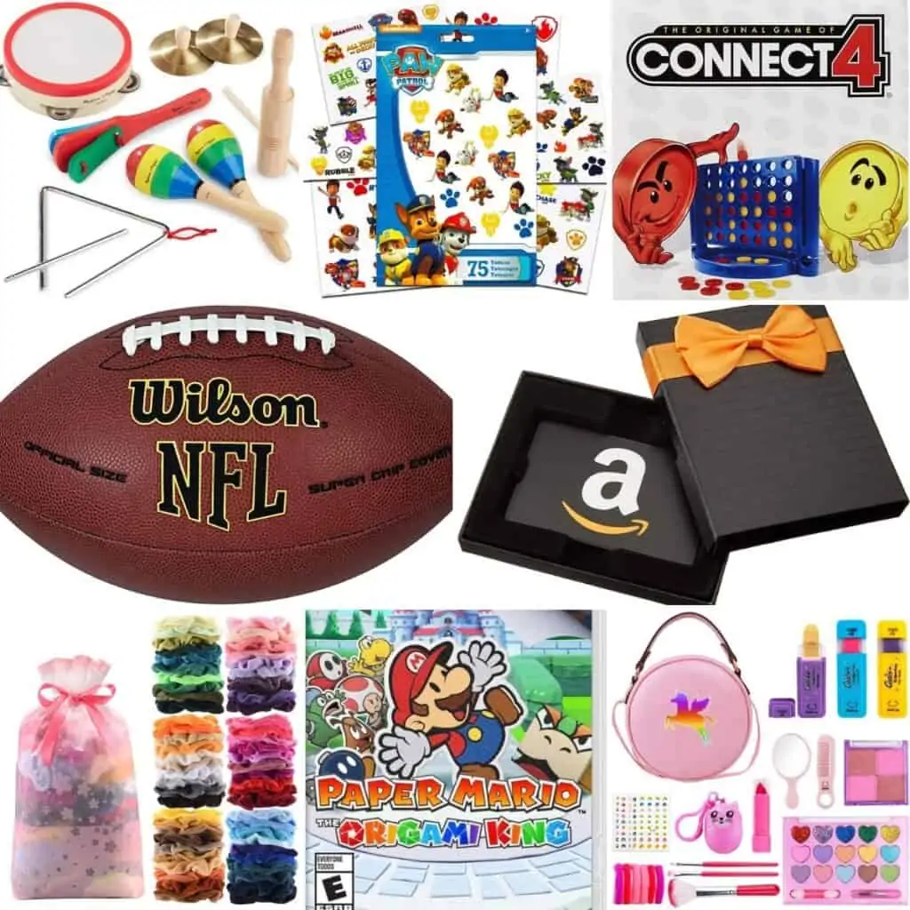 Football, Amazon gift card, Unicorn purse, Connect 4.