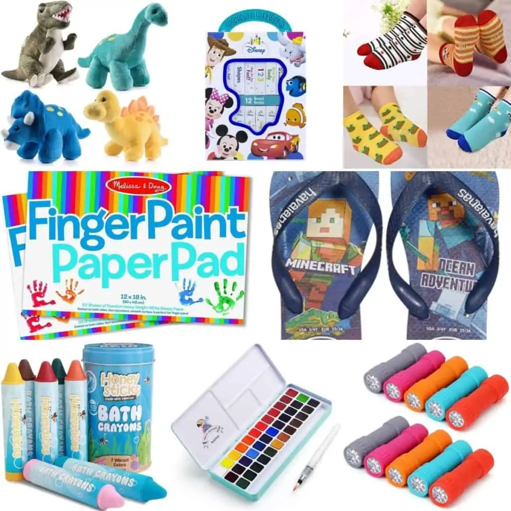 Dinosaur stuffed animals, socks, finger paint paper pad, Minecraft flipflops, and flashlights.
