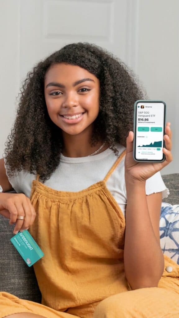 A young person sits on a couch, smiling and holding a phone displaying a financial app with a graph and a Greenlight debit card.
