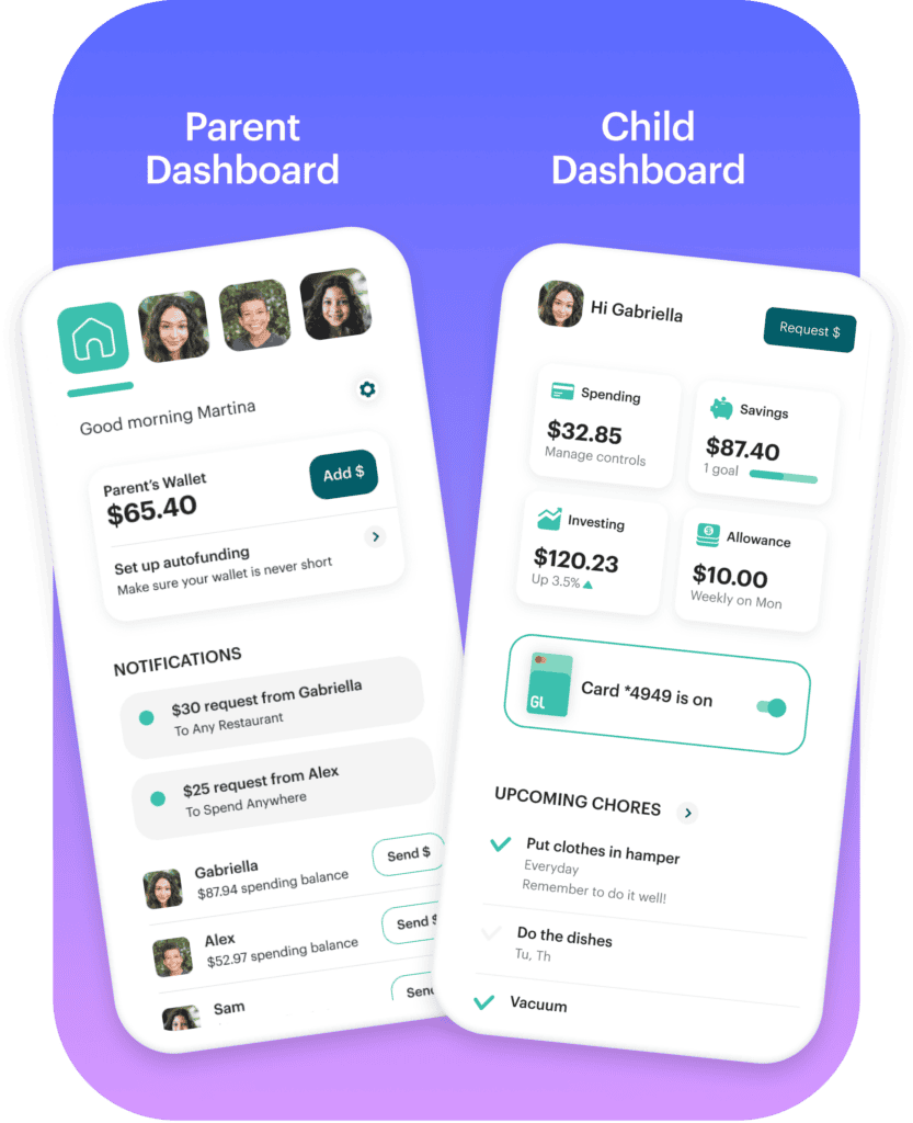 Two smartphone screens display a parent and child dashboard for a finance app, similar to Greenlight debit, showing account balances, notifications, chore lists, and profile pictures on a purple gradient background.