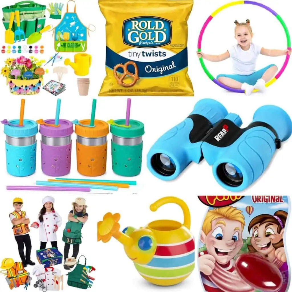 Pretzels, gardening sets, binoculars, games, children's costumes, and cups.