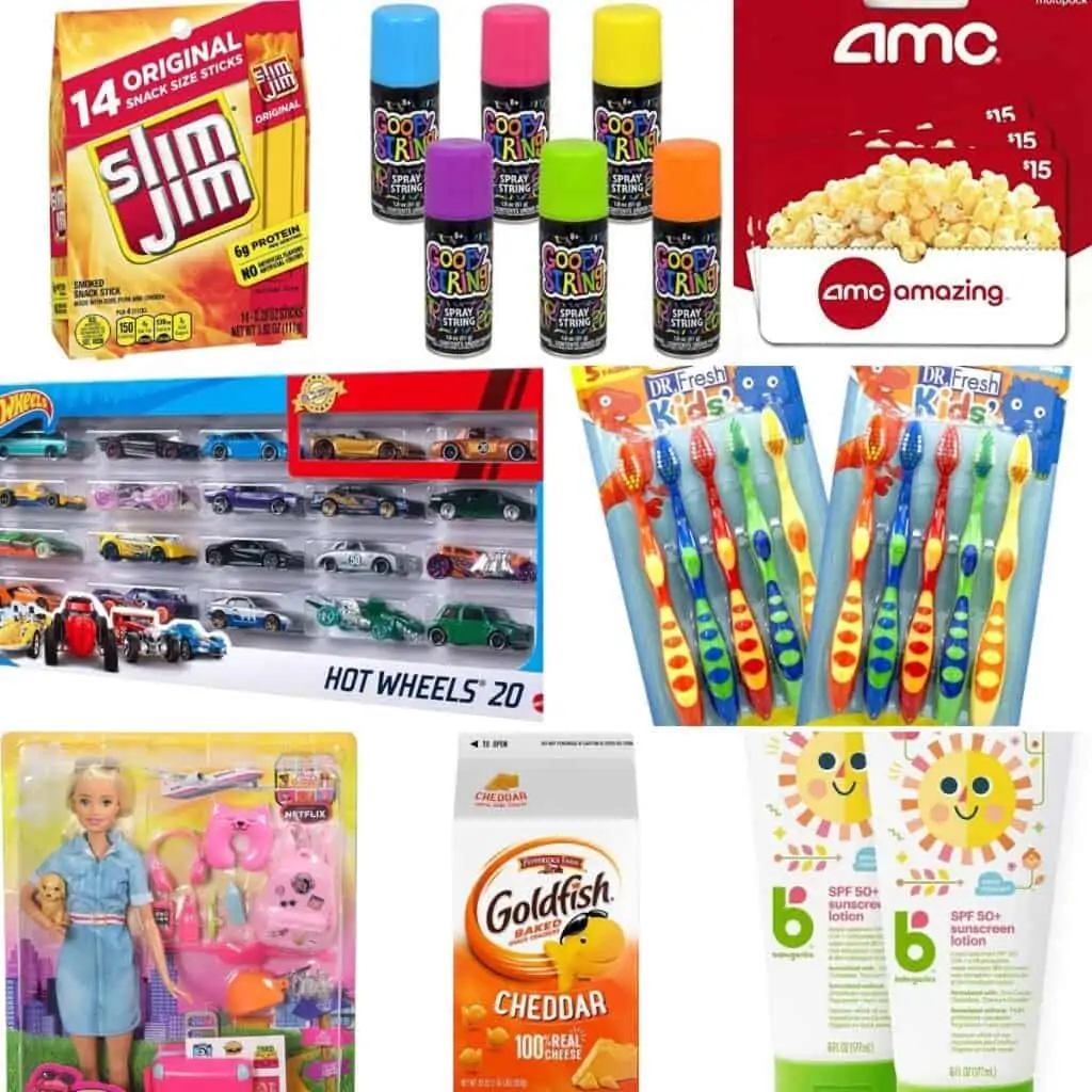 Slim Jim, popcorn, movie theater popcorn, toy cars, gold fish, kid toothbrushes, and Barbie vet.