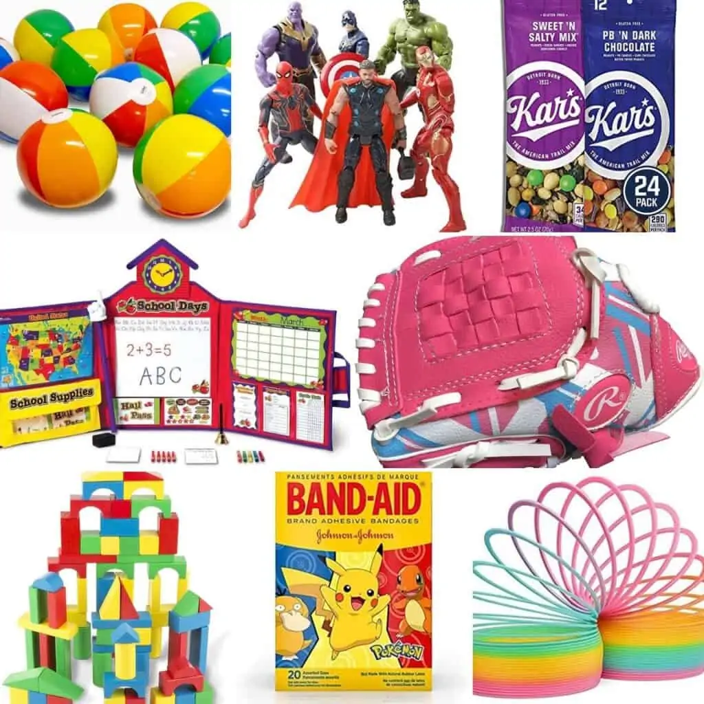 Bouncy balls, school games, girls baseball glove, fruit snacks, building blocks, band-aids, and slinky. 