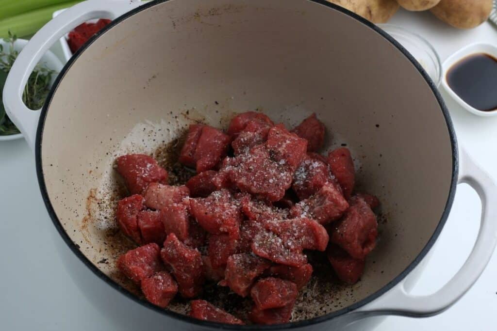 Diced meat with seasonings in large pot.