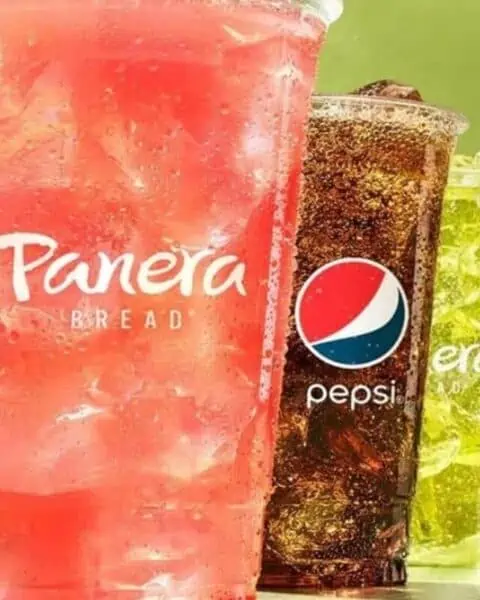 A variety of Panera bread drinks including pink lemonade, soda, lemonade, and other sodas.