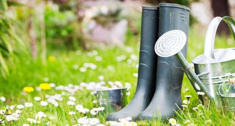 Gardening boots and watering pail in the garden.