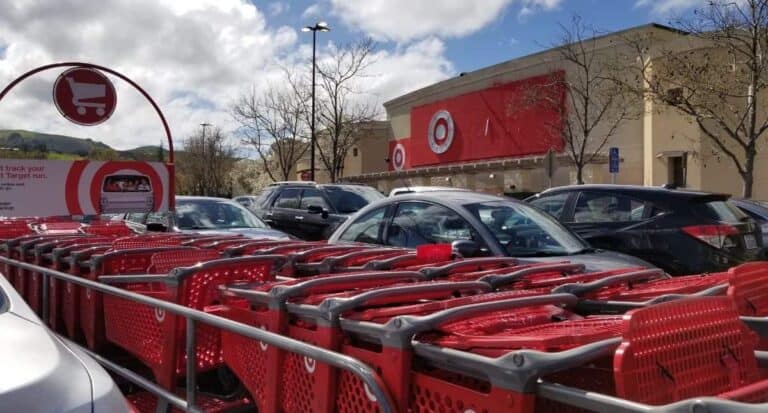 Target storefront with grocery carts.