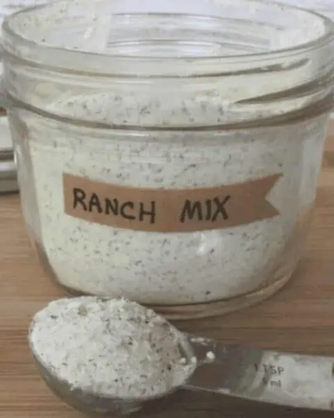 Ranch mix in a storage container with a measuring spoon.
