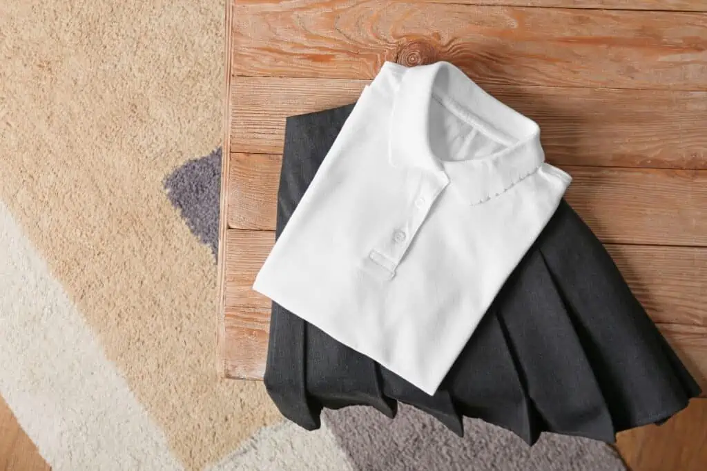 A white polo shirt and dark graey skirt sitting on a wooden table. 
