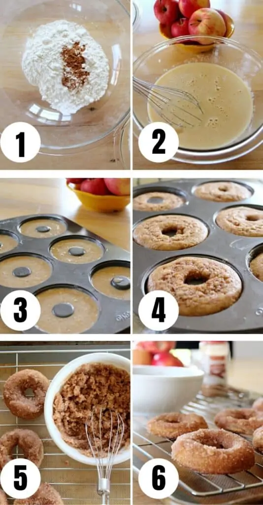 The baking process of baked apple cider donuts.