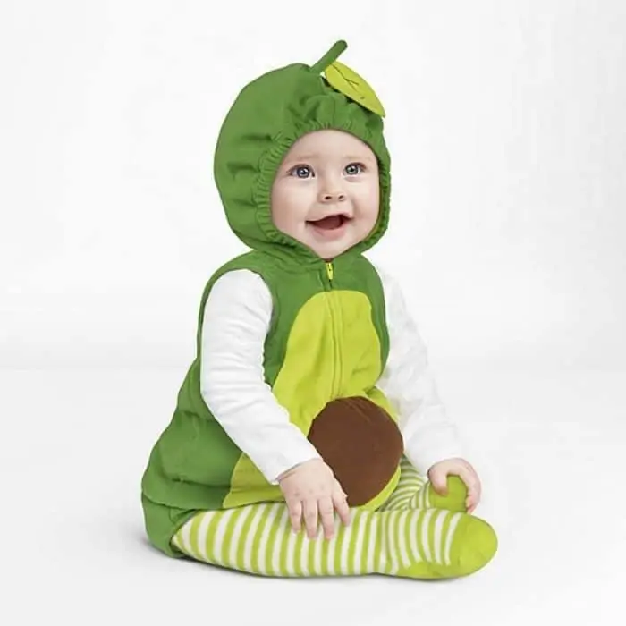 Toddler dressed in avocado Hall 