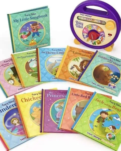 Close-up of almost a dozen children's fairy tale stories with a reading tool.