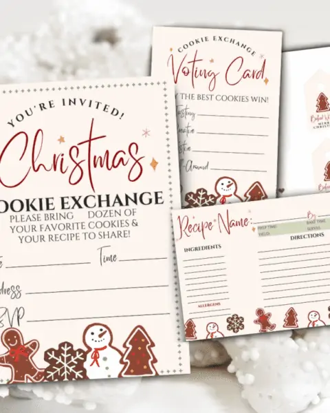 You're invited to a Christmas cookie exchange printable invitations, voting cards, and recipe cards to share.