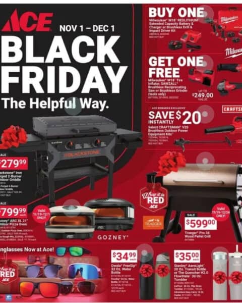 Discover the Ace Black Friday Sales in the Ace Hardware adโfeaturing grills, power tools, pizza ovens, sunglasses, and exciting discounts from November 1 to December 1.