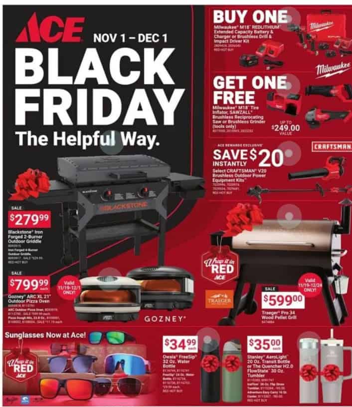 Discover the Ace Black Friday Sales in the Ace Hardware ad—featuring grills, power tools, pizza ovens, sunglasses, and exciting discounts from November 1 to December 1.
