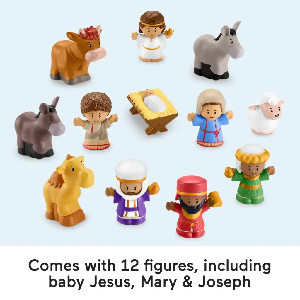 Twelve toy figures from the Little People Nativity Set, including baby Jesus in a manger, Mary, Joseph, three wise men, an angel, a shepherd, and five animals.