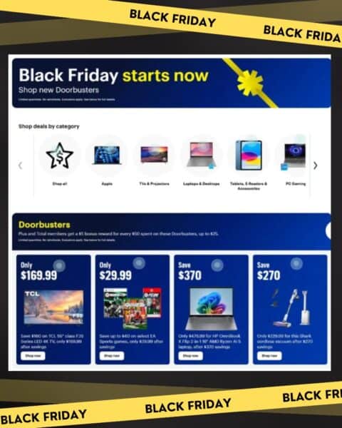 Screenshot of a Best Buy Black Friday sale webpage showing discounted electronics and doorbuster deals, with categories like TVs, laptops, tablets, and audio equipment. Bold Black Friday banners frame the image.