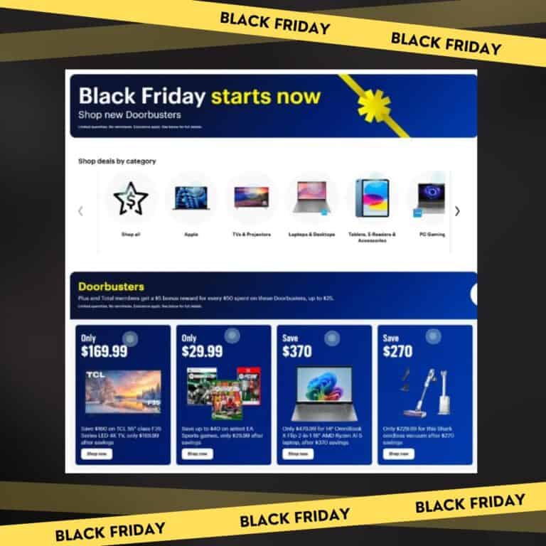 Screenshot of a Best Buy Black Friday sale webpage showing discounted electronics and doorbuster deals, with categories like TVs, laptops, tablets, and audio equipment. Bold Black Friday banners frame the image.