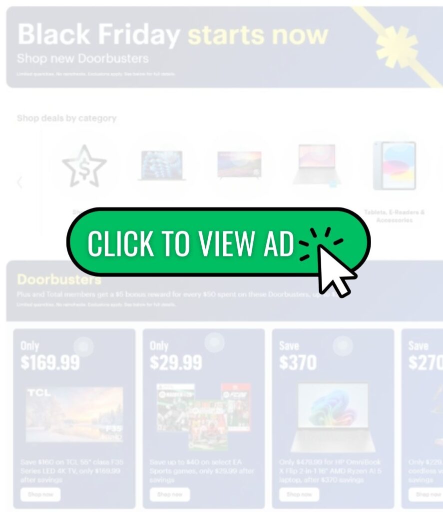 A website page displaying Best Buy Black Friday deals with a large green button in the center reading "CLICK TO VIEW AD," overlaid with a cursor icon.