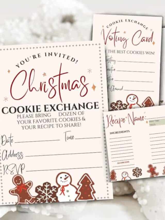 You're invited to a Christmas cookie exchange printable invitations, voting cards, and recipe cards to share.