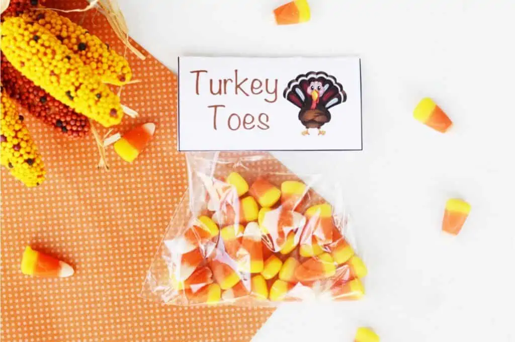 Square Ziploc bag of candy corn with the label "Turkey toes."